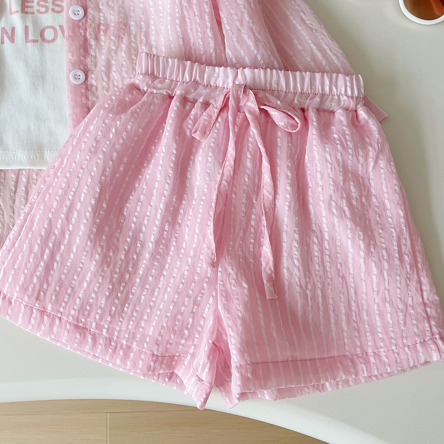 [963183] - One Set 3in1 Baju Setelan Atasan Kaos Lengan Kutung Outer Kemeja Lengan Panjang Bawahan Celana Pendek Korean Version Style Anak Perempuan Cewek - Motif Line Color - BABYHOKI STORE - BABYHOKI STORE