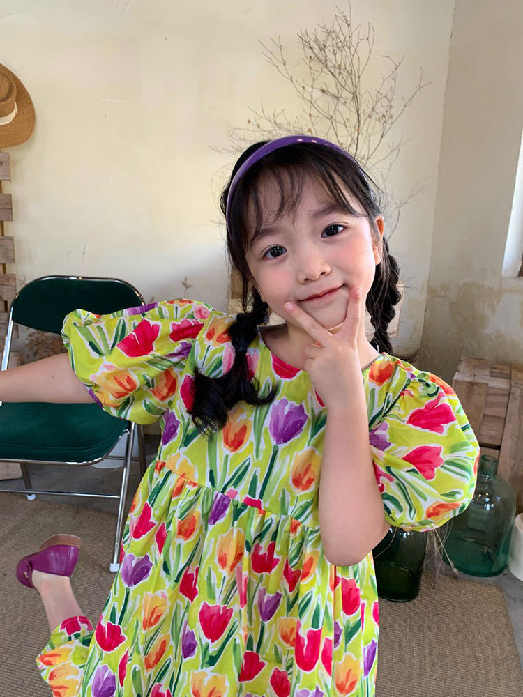 [507S181] - Baju Dress Lengan Pendek Fashion Anak Perempuan - Motif Tulip Flower