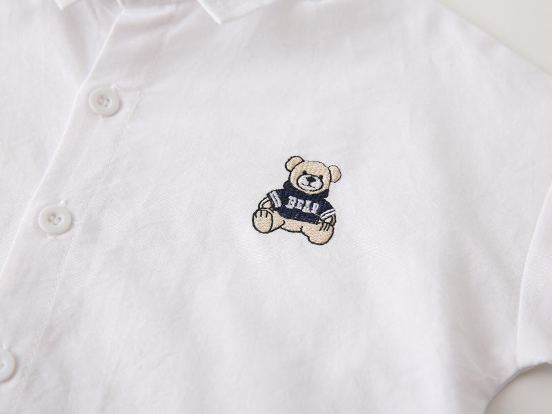 [383206] - Baju Atasan Kemeja Lengan Panjang Anak Laki-Laki Cowok  - Motif Minimalist Bear Patch - BABYHOKI STORE