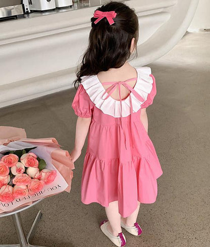 [507S115] - Baju Dress Lengan Pendek Fashion Anak Perempuan - Motif Plain Ruffle