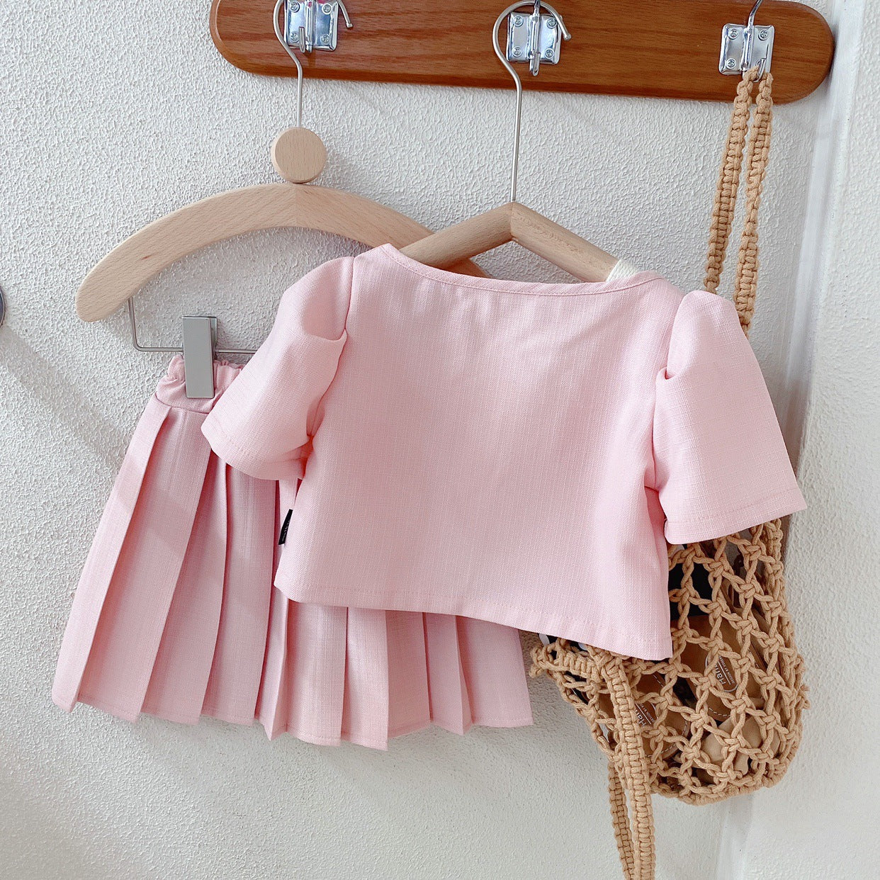 [363636] - Setelan Mewah Ala Korea Pink Oneset Atasan Cardigan Lengan Pendek Bawahan Rok Anak Perempuan - Motif Cute Ribbon