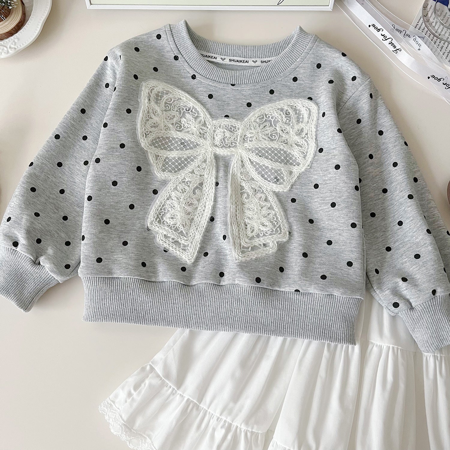 [963167] - One Set 2in1 Baju Setelan Atasan Sweater Lengan Panjang Bawahan Celana Rok Pendek Korea Fashion Style Anak Perempuan Cewek - Motif Bow Polkadot - BABYHOKI STORE - BABYHOKI STORE