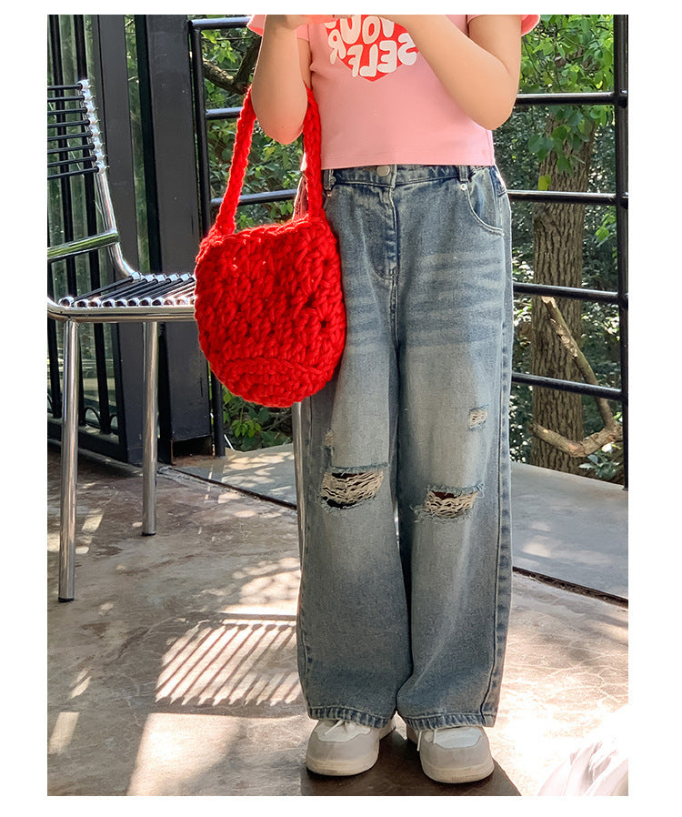 [507978] - Celana Panjang Jeans Kulot Sobek Fashion Import Anak Perempuan - Motif Shadow Line