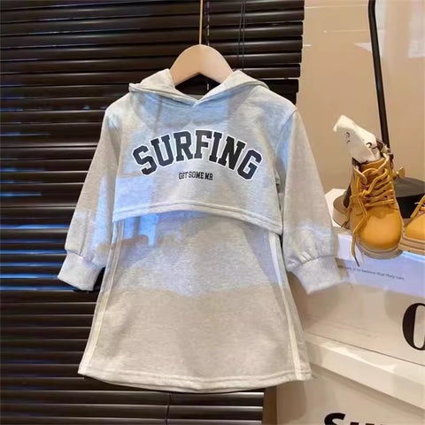 [963271] - One Set 2in1 Baju Setelan Dress Lengan Kutung Sweater Lengan Panjang Korean Sporty Style Anak Perempuan Cewek - Motif Surfing - BABYHOKI STORE