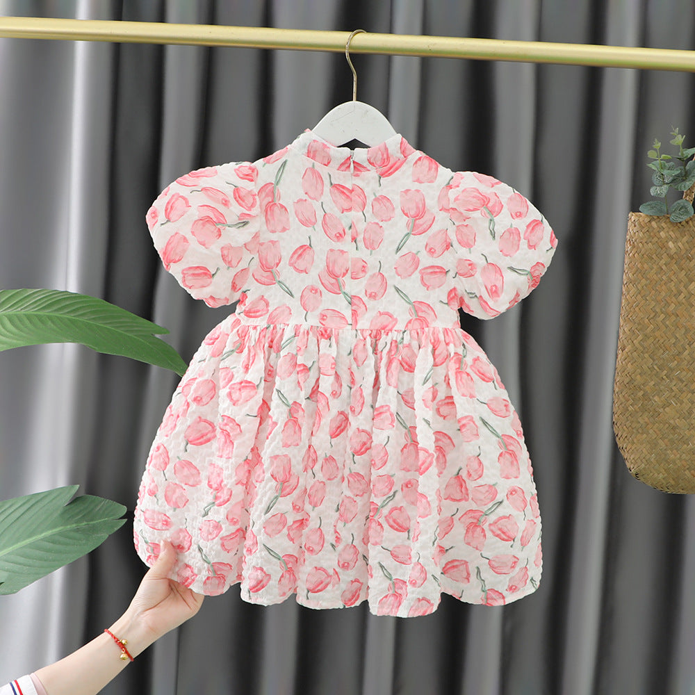 [340386] - Baju Mini Dress Lengan Pendek Balon Fashion Anak Perempuan - Motif Flower Leaf