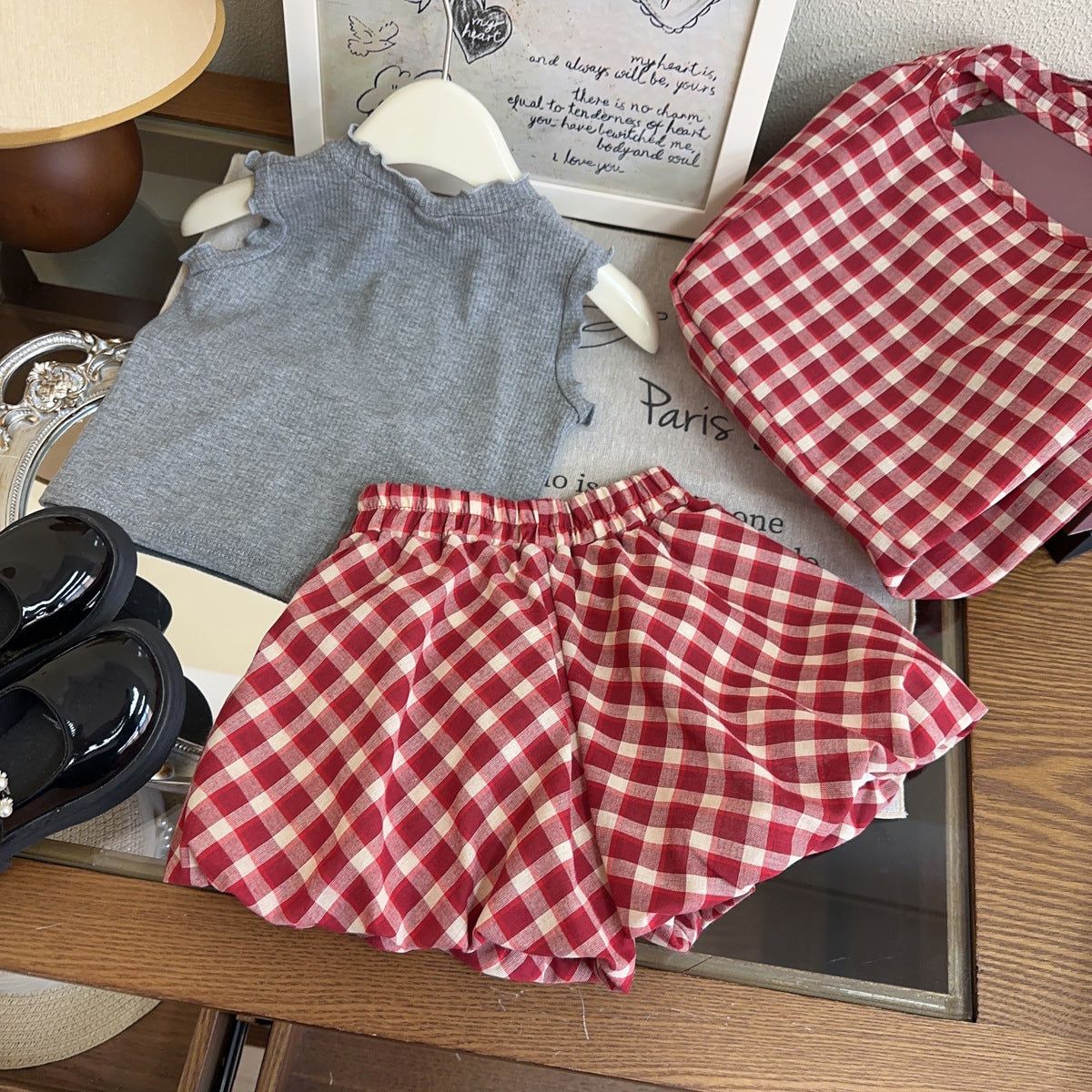 [963217] - One Set 2in1 Baju Setelan Atasan Kaos Lengan Kutung Bawahan Celana Pendek Korean Style Anak Perempuan Cewek - Motif Bottom Plaid - BABYHOKI STORE