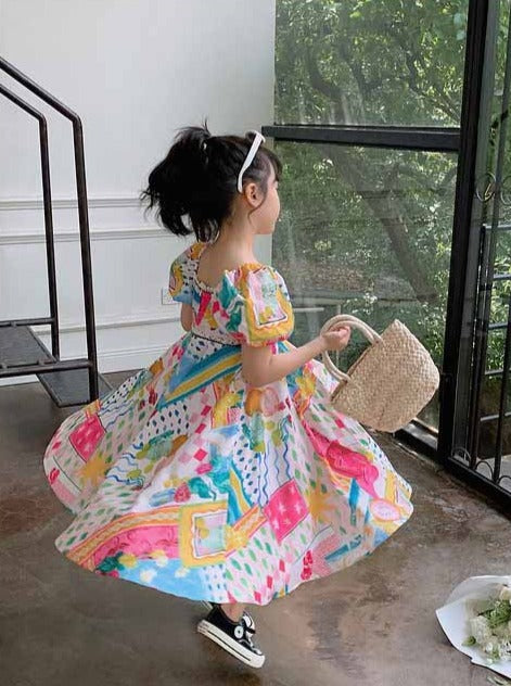 [507991] - Baju Dress Lengan Balon Fashion Anak Perempuan - Motif Painted Patterns