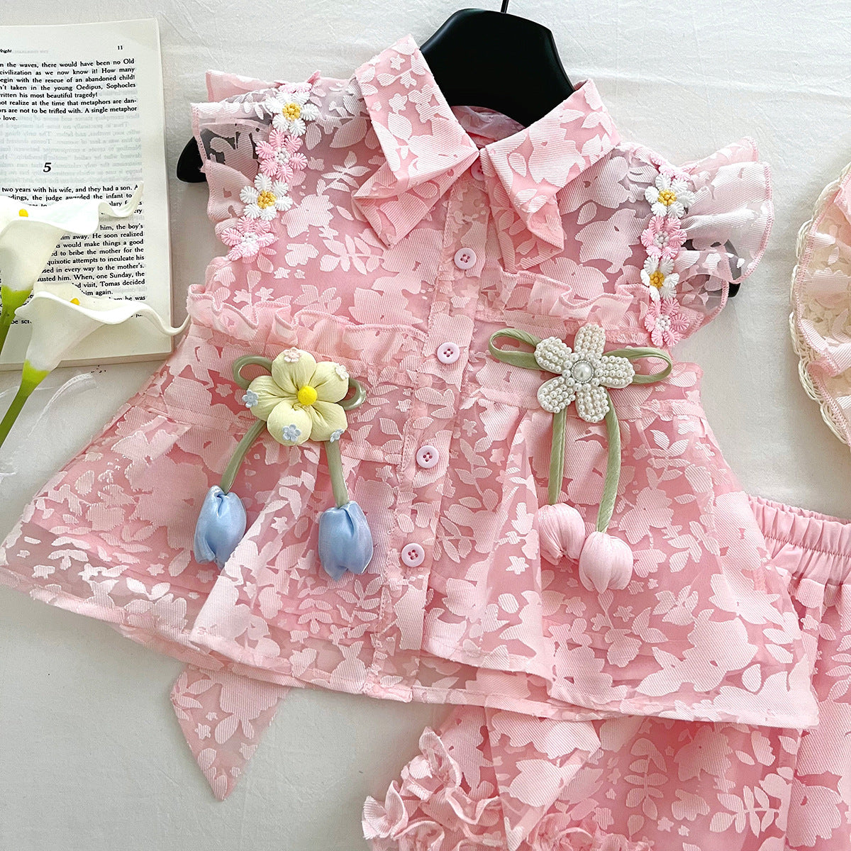 [963202] - One Set 2in1 Baju Setelan Atasan Kerah Lengan Kutung Bawahan Celana Pendek Summer Style Anak Perempuan Cewek - Motif Pink Floral - BABYHOKI STORE - BABYHOKI STORE