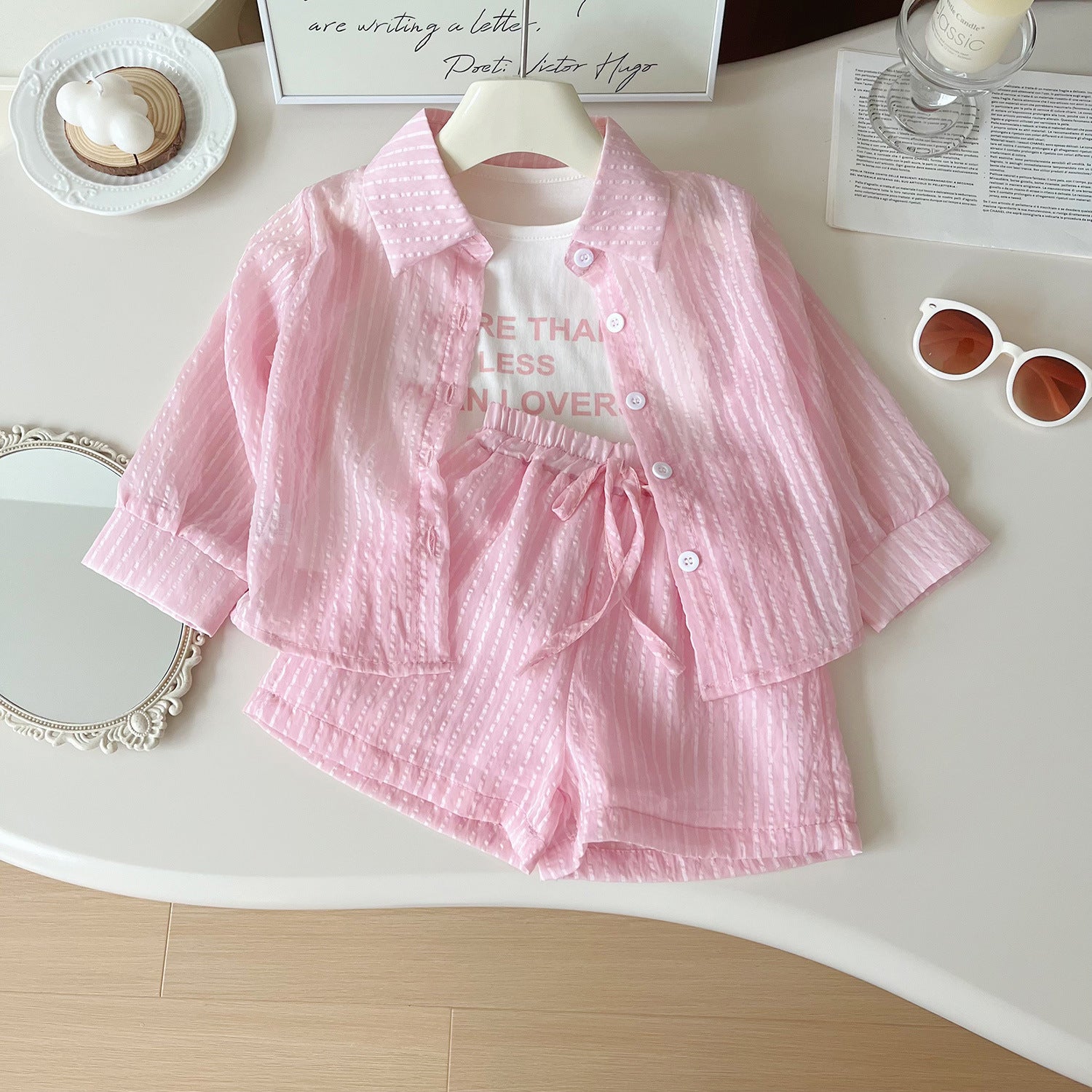 [963183] - One Set 3in1 Baju Setelan Atasan Kaos Lengan Kutung Outer Kemeja Lengan Panjang Bawahan Celana Pendek Korean Version Style Anak Perempuan Cewek - Motif Line Color - BABYHOKI STORE - BABYHOKI STORE
