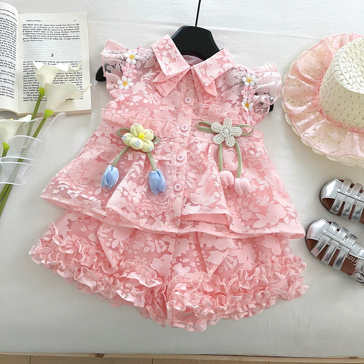 [963202] - One Set 2in1 Baju Setelan Atasan Kerah Lengan Kutung Bawahan Celana Pendek Summer Style Anak Perempuan Cewek - Motif Pink Floral - BABYHOKI STORE - BABYHOKI STORE