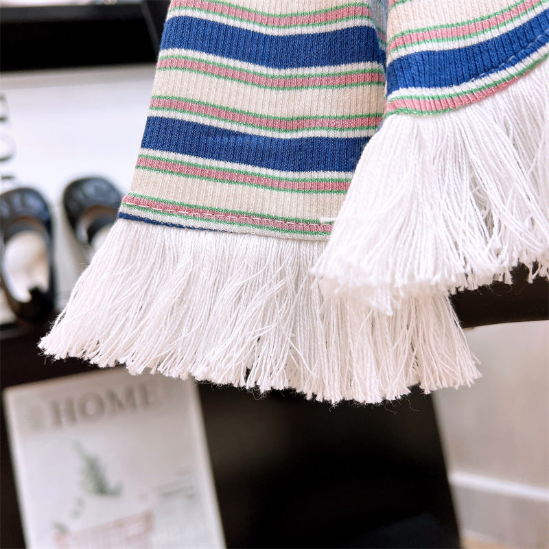 [363913] - One Set 2in1 Baju Setelan Atasan Rumbai Lengan Panjang Bawahan Celana Panjang Cutbray Denim Fashion Anak Cewek Perempuan - Motif Colour Stripe - BABYHOKI STORE - BABYHOKI STORE