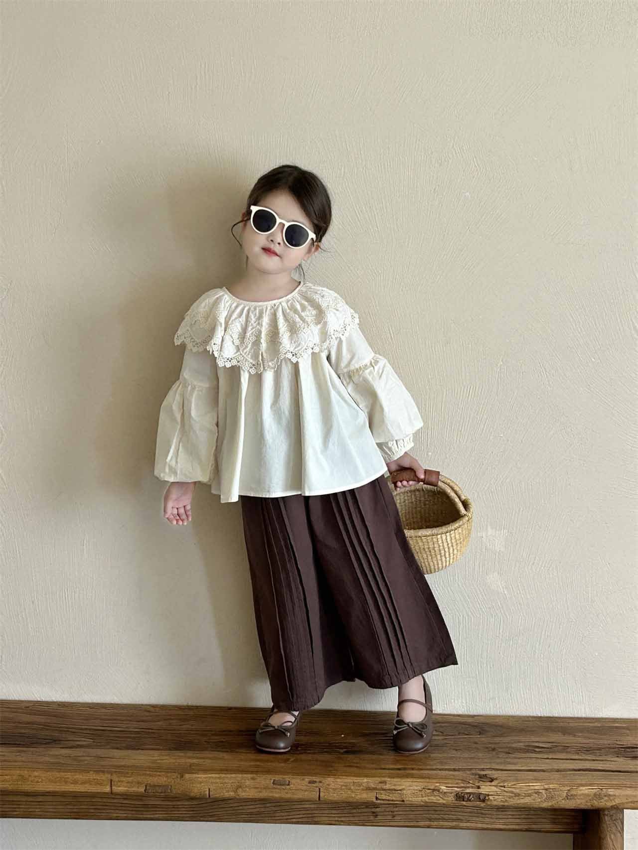 [5071067] - Setelan Baju Blouse Lengan Panjang Celana Panjang Fashion Anak Perempuan - Motif Plain Lace