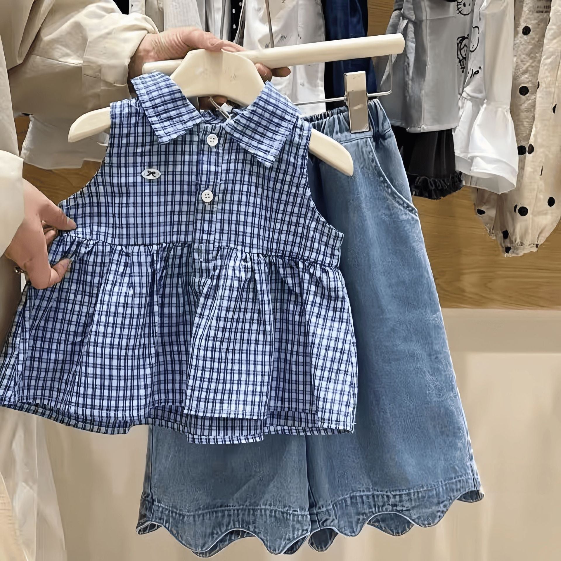 [363977] - One Set 2in1 Baju Setelan Atasan Blouse Lengan Kutung Bawahan Panjang Kulot Korean Style Fashion Style Anak Cewek Perempuan - Motif Plaid Small Ribbon - BABYHOKI STORE