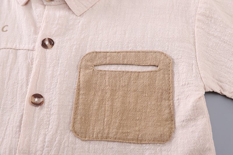 [368574] - Baju Setelan Atasan Kemeja Lengan Pendek Bawahan Celana Pendek Fashion Casual Summer Anak Laki Laki Cowok - Motif Soft Solid Color Brown - BABYHOKI STORE
