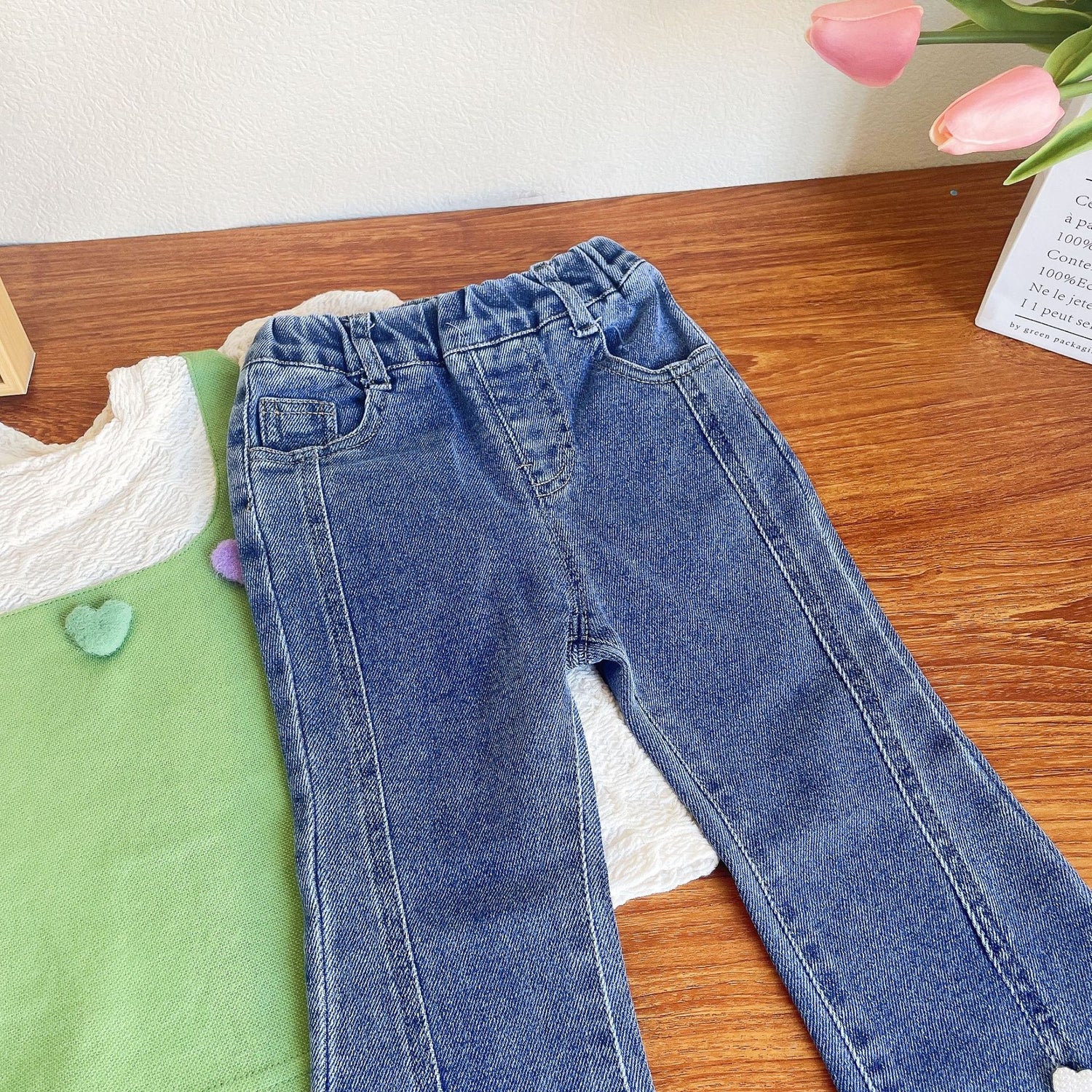 [363597] - Setelan Blouse Celana Panjang Jeans Rawis Import Anak Perempuan - Motif Smooth Heart