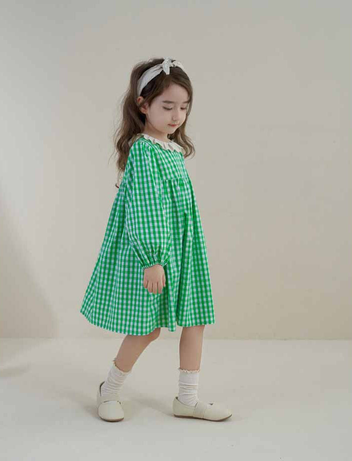 [5071052] - Baju Dress Lengan Panjang Fashion Anak Perempuan - Motif Gingham Plaid