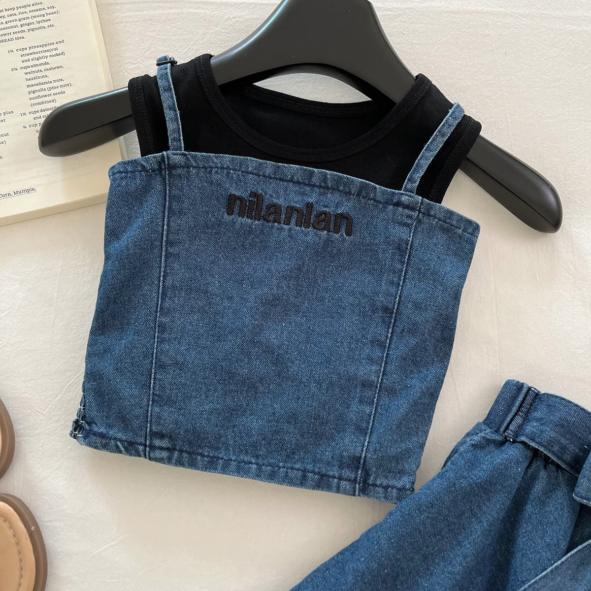 [963118] - One Set 3in1 Baju Setelan Atasan Kaos Lengan Kutung Vest Kutung Bawahan Celana Rok Pendek Korean Fashion Style Anak Perempuan Cewek - Motif Denim Color - BABYHOKI STORE