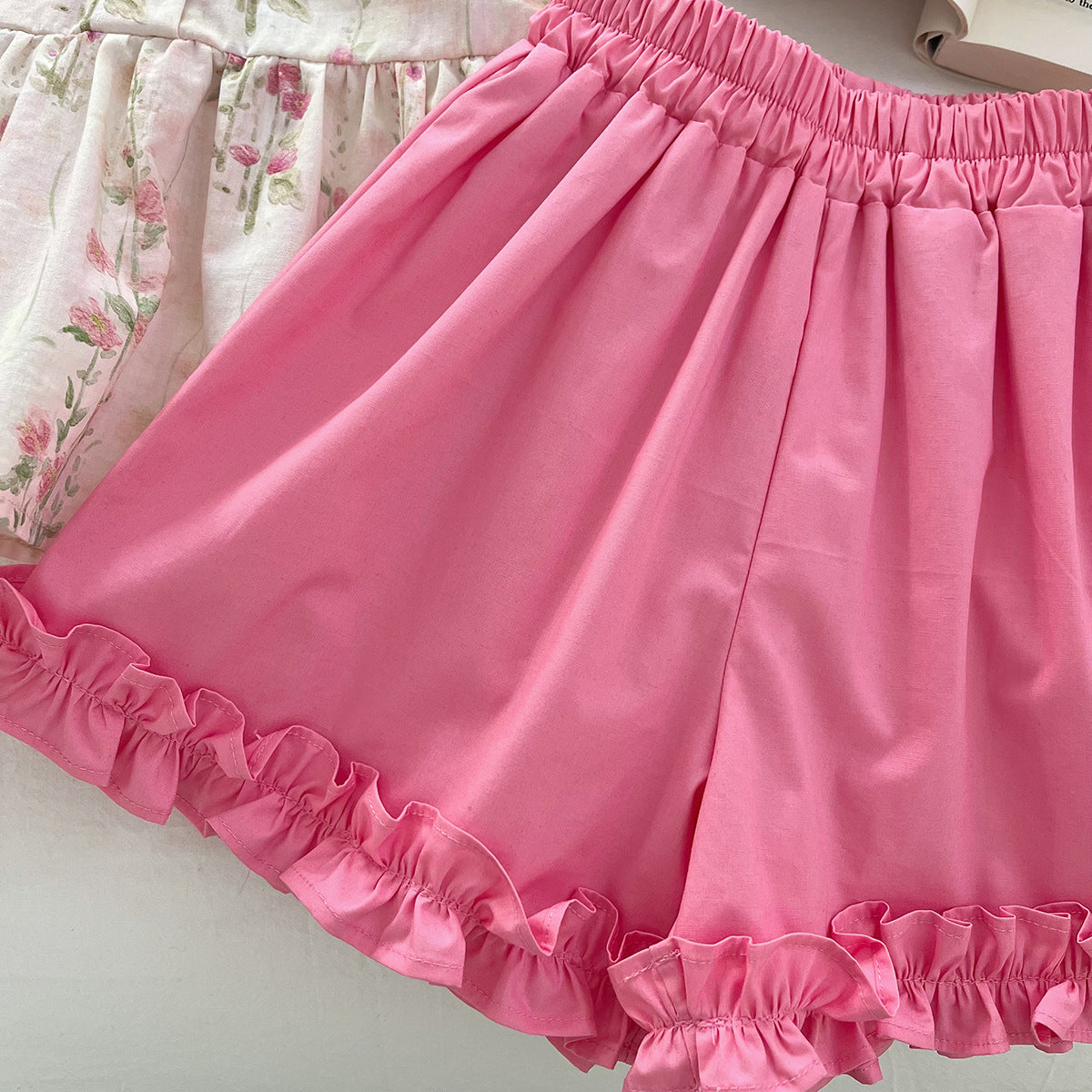 [963208] - One Set 2in1 Baju Setelan Atasan Blouse Lengan Kutung Bawahan Celana Pendek Ruflled Korean Style Anak Perempuan Cewek - Motif Pink Flower - BABYHOKI STORE