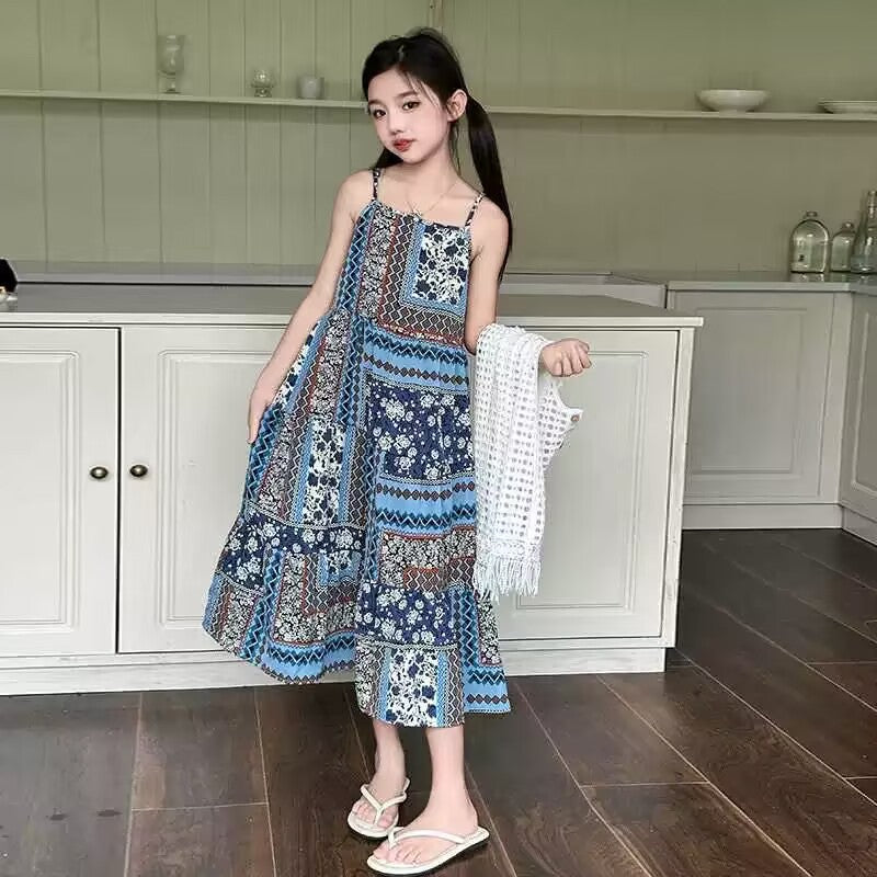 [5071097] - One Set 2in1 Baju Setelan Dress Summer Lengan Kutung Vest Kutung Rumbai Fashion Anak Perempuan Cewek - Motif Ethnic Style - BABYHOKI STORE