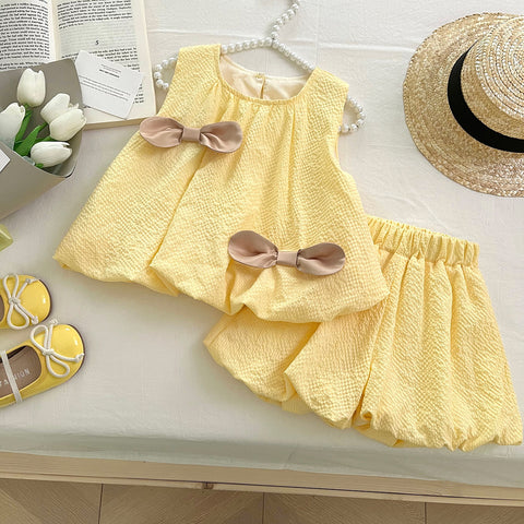 [963252] - One Set 2in1 Baju Setelan Atasan Lengan Kutung Bawahan Celana Pendek Korean Style Anak Perempuan Cewek - Motif Bow Cute - BABYHOKI STORE