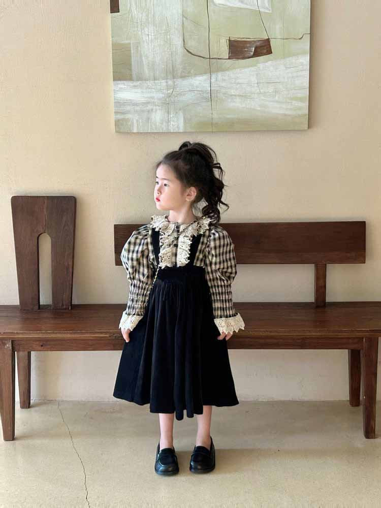 [5071124] - One Set 2in1 Baju Setelan Atasan Blouse Lengan Panjang Style Palace Bawahan Overall Panjang Fashion Trendi Anak Perempuan Cewek - Motif Plaid - BABYHOKI STORE