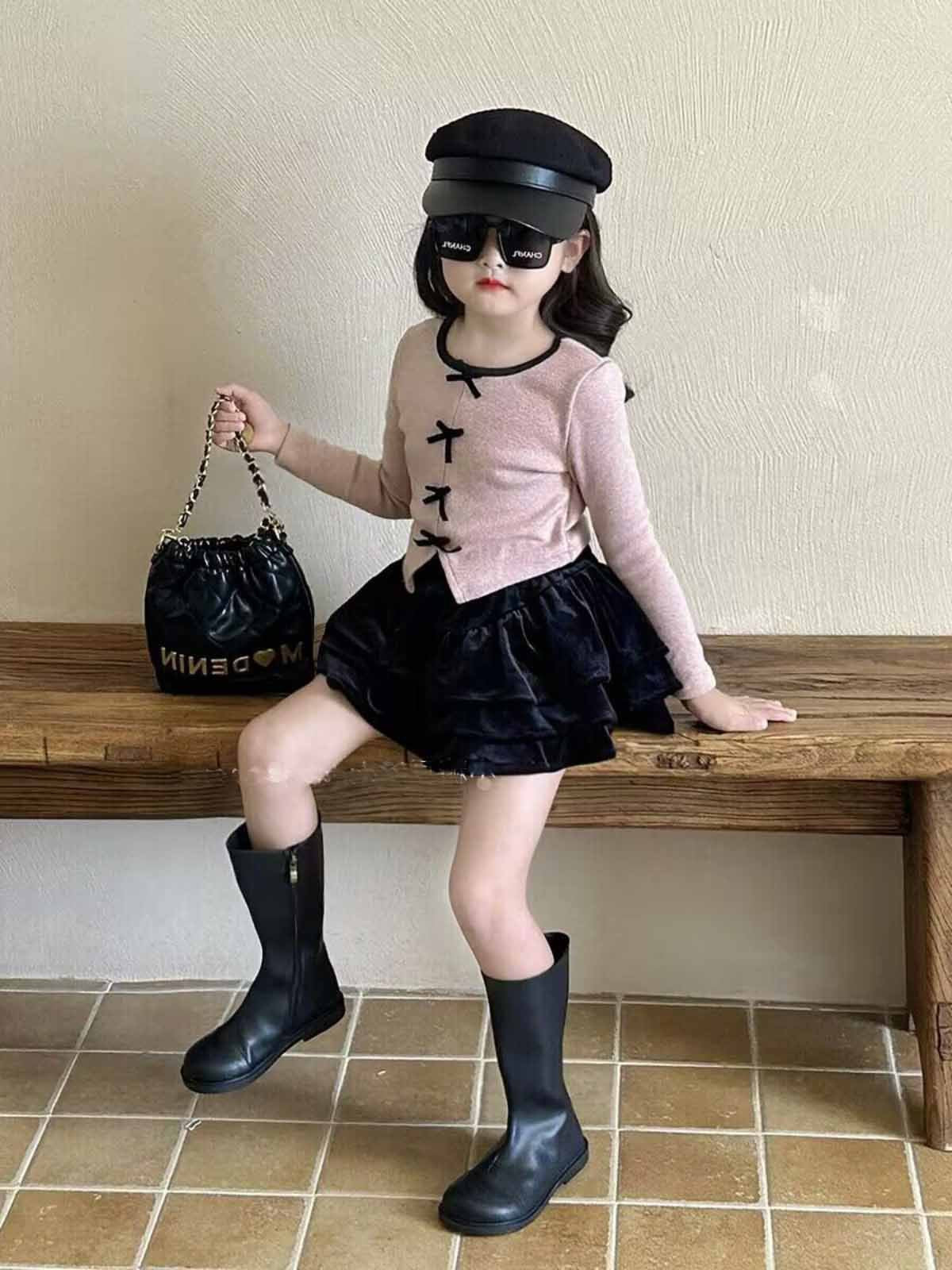 [5071075] - One Set 2in1 Baju Setelan Atasan Pink Lengan Panjang Bawahan Celana Rok Pendek Mini Fashion Anak Perempuan Cewek - Motif Bow - BABYHOKI STORE