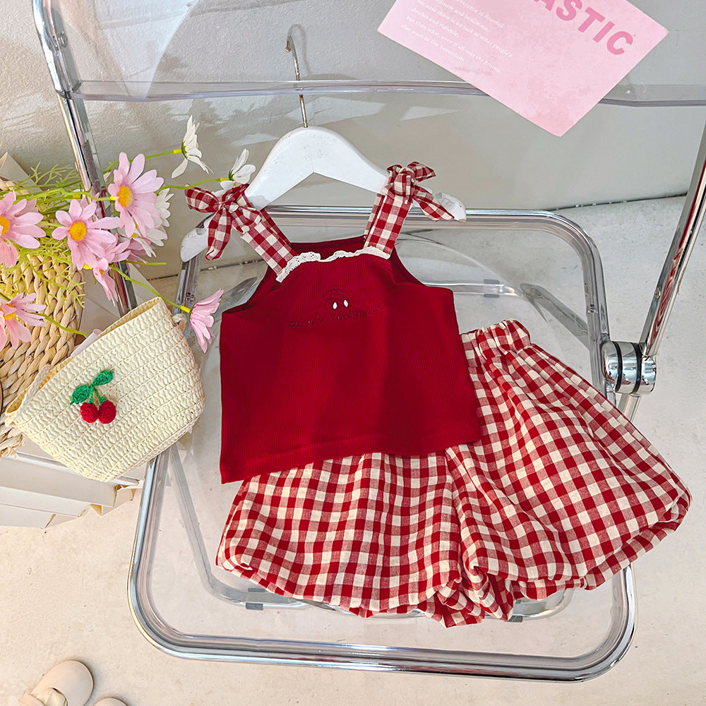 [340422] - Setelan Baju Kutung Celana Pendek Fashion Anak Perempuan - Motif Plaid Cherry