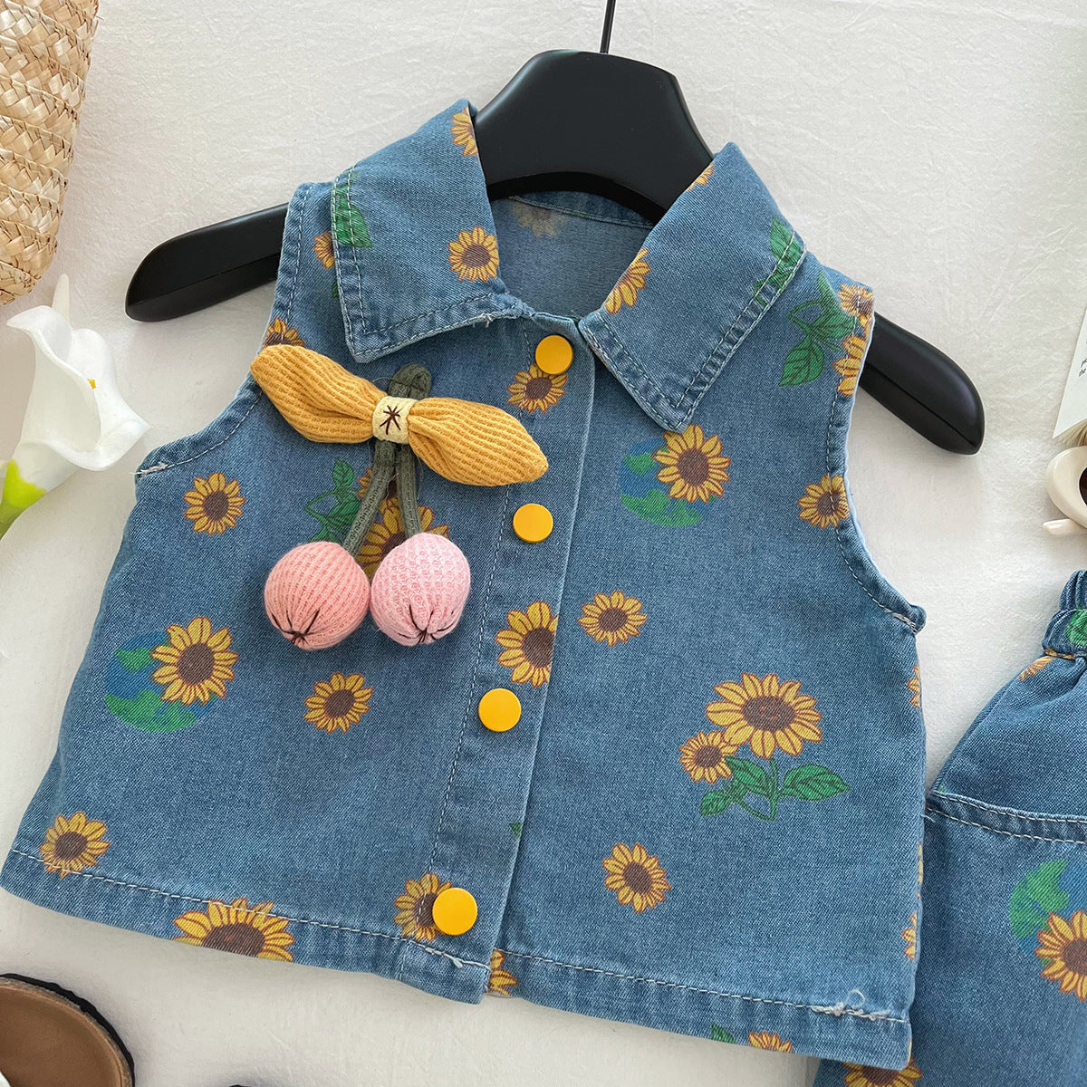 [963214] - One Set 2in1 Baju Setelan Atasan Vest Denim Lengan Kutung Bawahan Celana Rok Pendek Casual Style Anak Perempuan Cewek - Motif Sunflower - BABYHOKI STORE
