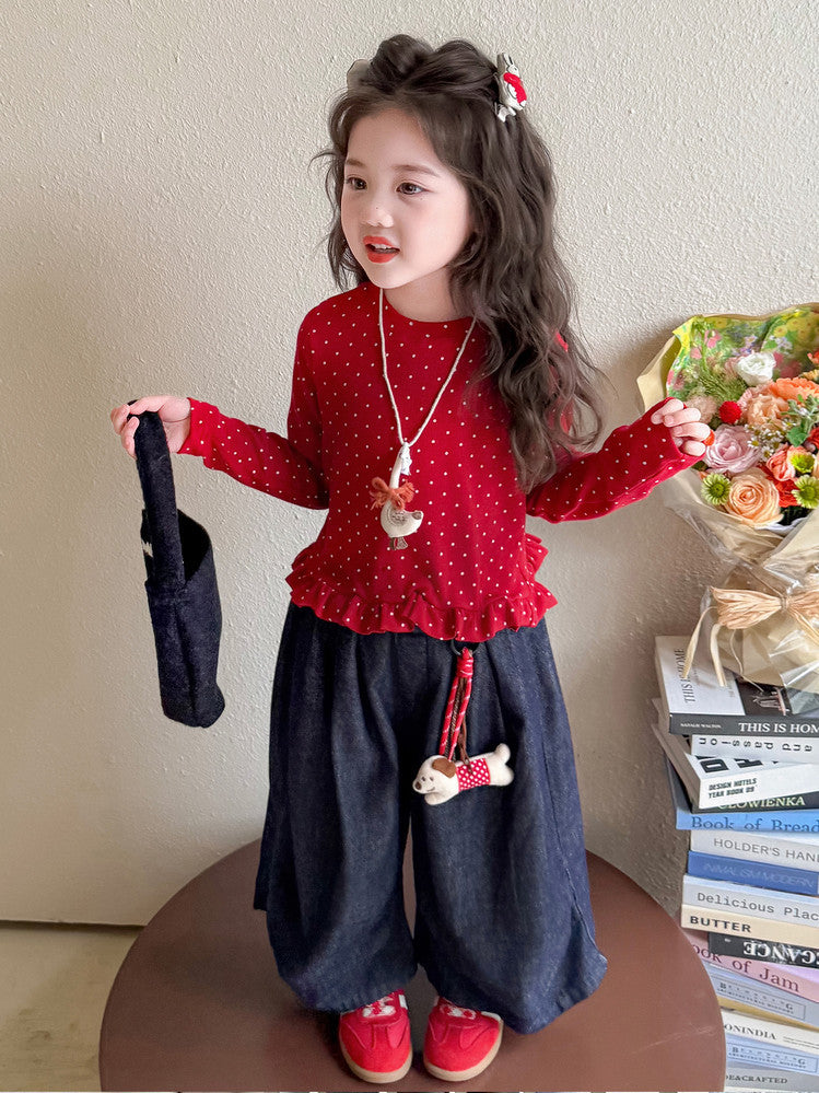 [363938] - One Set 2in1 Baju Setelan Atasan Kaos Lengan Panjang Polka Red Bawahan Celana Panjang Kulot Fashion Korean Style Anak Cewek Perempuan - Motif Basic Color Red Top - BABYHOKI STORE - BABYHOKI STORE