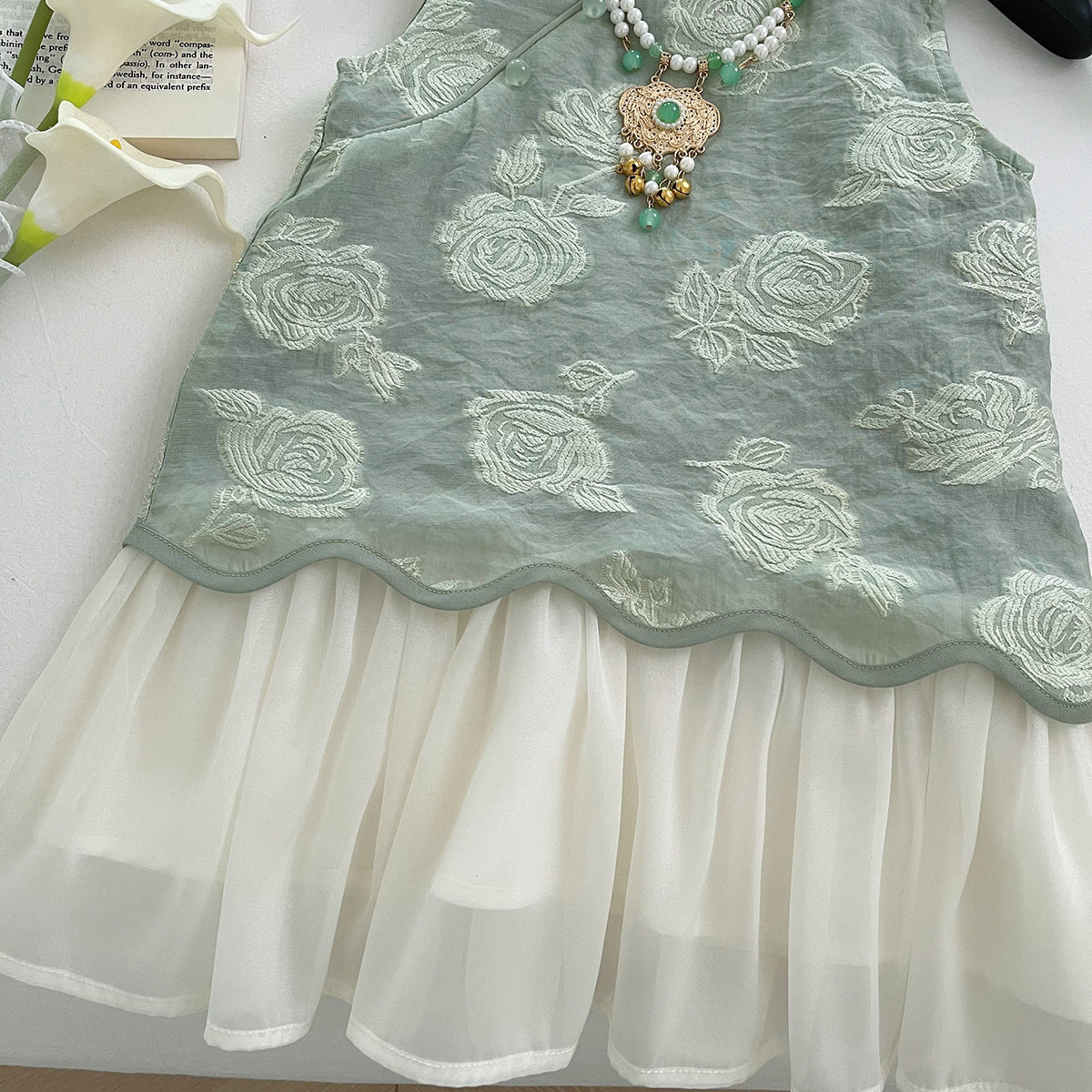 [963179] - Baju Gaun Dress Cheongsam Shanghai Imlek Lengan Kutung Anak Perempuan Cewek - Motif Green Flower - BABYHOKI STORE