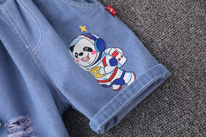 [345453] - Baju Setelan Kaos Lengan Pendek Celana Pendek Jeans Anak Cowok Fashion - Motif Dino News