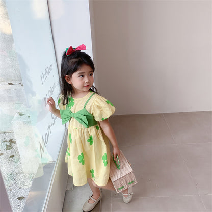 [507S157] - Baju Dress Lengan Pendek Fashion Anak Perempuan - Motif Ribbon Clover