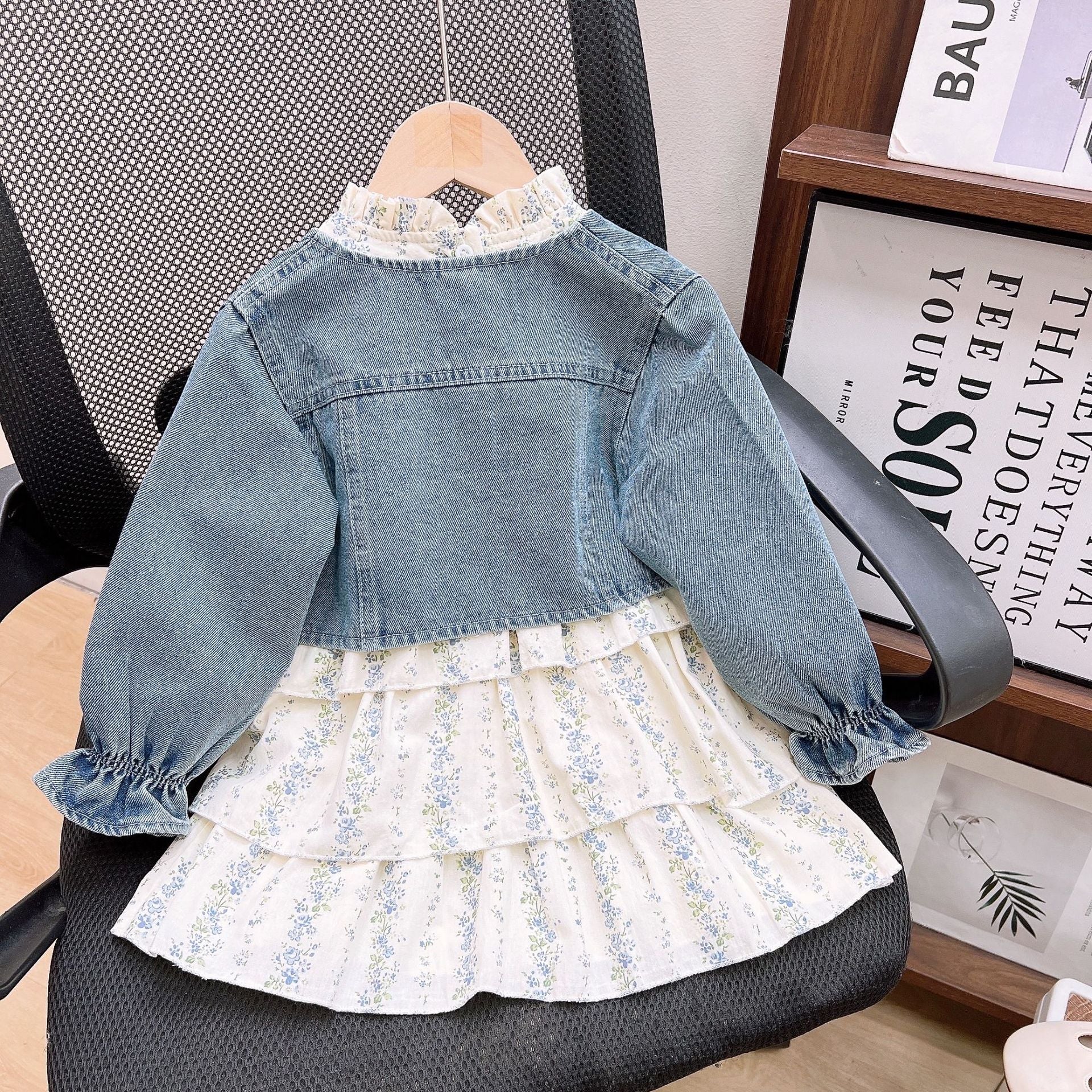 [363826] - Setelan 2 In 1 Baju Dress Jaket Denim Lengan Panjang Fashion Anak Perempuan - Motif Flower Denim