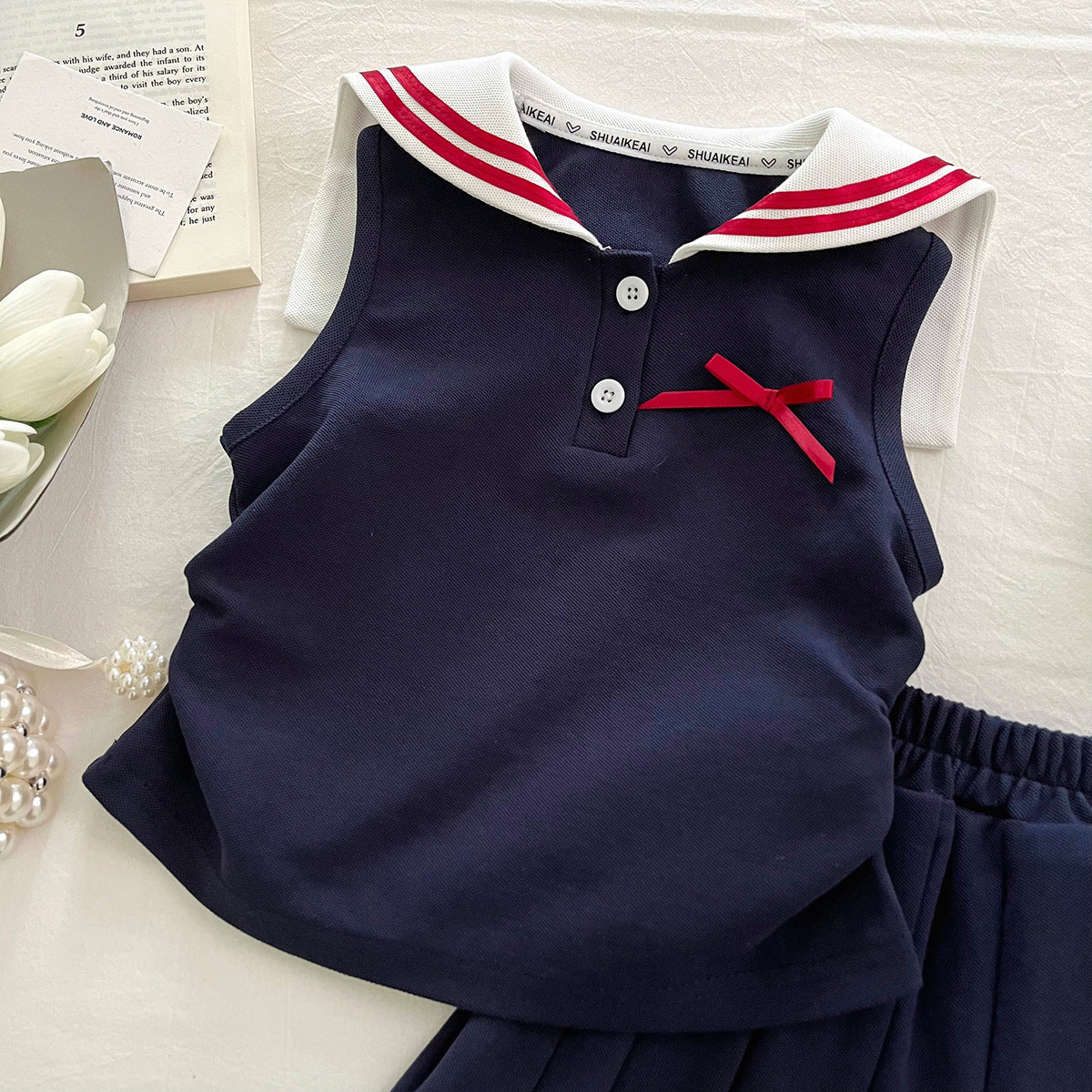 [963255] - One Set 2in1 Baju Setelan Atasan Kerah Lengan Kutung Bawahan Celana Rok Pendek Style Korean Anak Perempuan Cewek - Motif Small Bow - BABYHOKI STORE