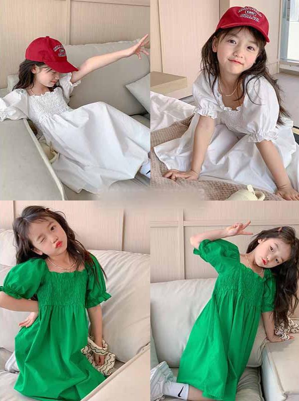 [507S128] - Baju Dress Lengan Balon Pendek Fashion Anak Perempuan - Motif Casual Style