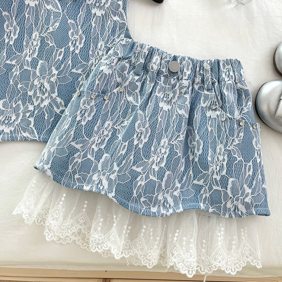 [963143] - One Set 2in1 Baju Setelan Atasan Lengan Kutung Bawahan  Rok Pendek Korean Version Syle Anak Perempuan Cewek - Motif Denim Lace - BABYHOKI STORE - BABYHOKI STORE