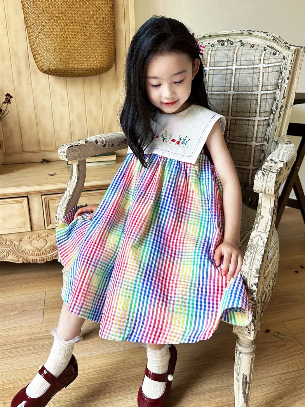 [5071123] - Baju Dress Summer Gaun Lengan Kutung Fashion Trendi Anak Perempuan Cewek - Motif Rainbow Plaid - BABYHOKI STORE