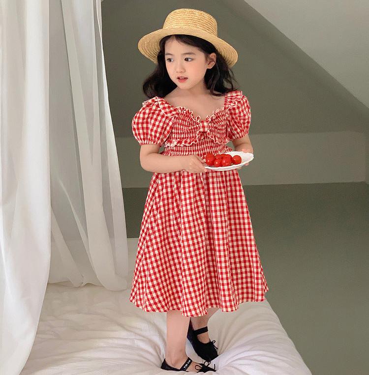 [5071038] - Baju Dress Lengan Pendek Fashion Anak Perempuan - Motif Plaid Wave