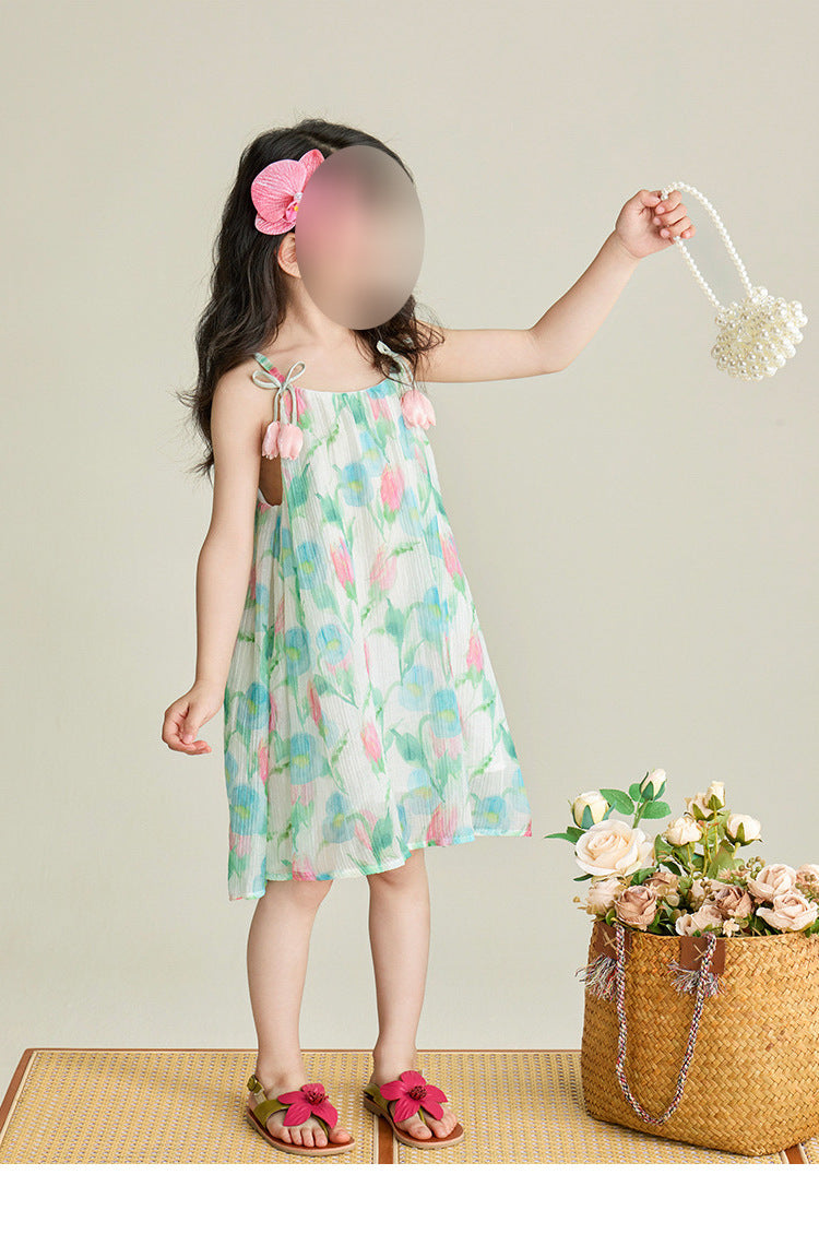 [5071114] - Baju Dress Gaun Cool Holiday Lengan Kutung Fashion Trendi Anak Perempuan Cewek - Motif Tulips - BABYHOKI STORE