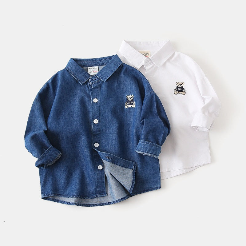 [383206] - Baju Atasan Kemeja Lengan Panjang Anak Laki-Laki Cowok  - Motif Minimalist Bear Patch - BABYHOKI STORE