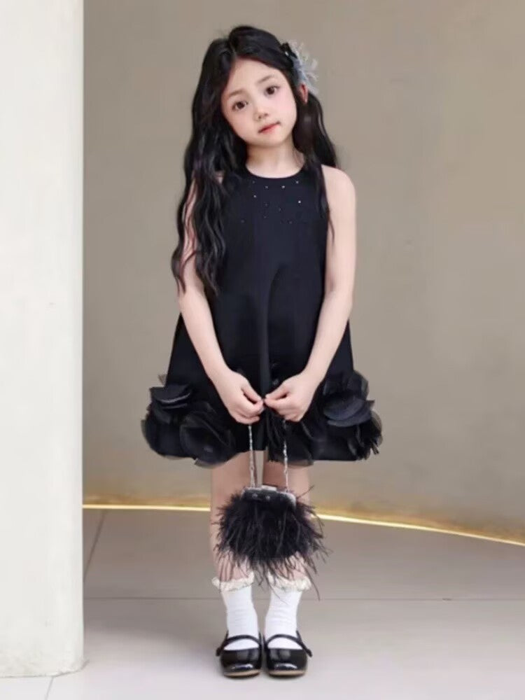 [5071134] - Baju Gaun Dress Elegant Lengan Kutung Fashion Style Anak Perempuan Cewek - Motif Solid Black Color - BABYHOKI STORE