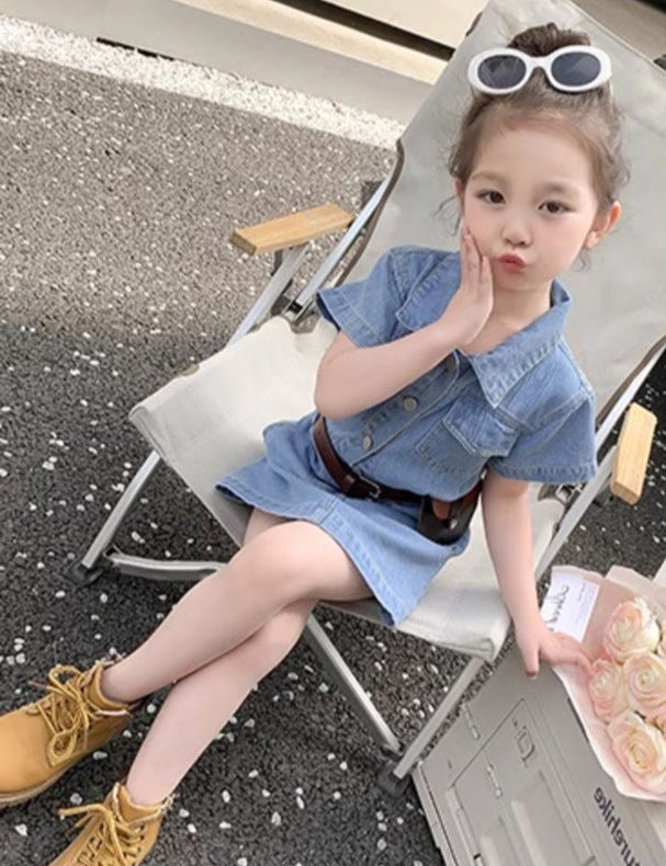 [5071059] - Baju Dress Pendek Jeans Lengan Pendek Fashion Anak Perempuan - Motif Casual Denim