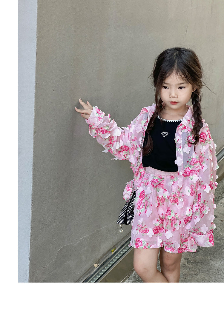 [963300] - One Set 2in1 Baju Setelan Outer Atasan Lengan Panjang Bawahan Celana Pendek Korean Version Style Anak Perempuan Cewek - Motif Floral - BABYHOKI STORE