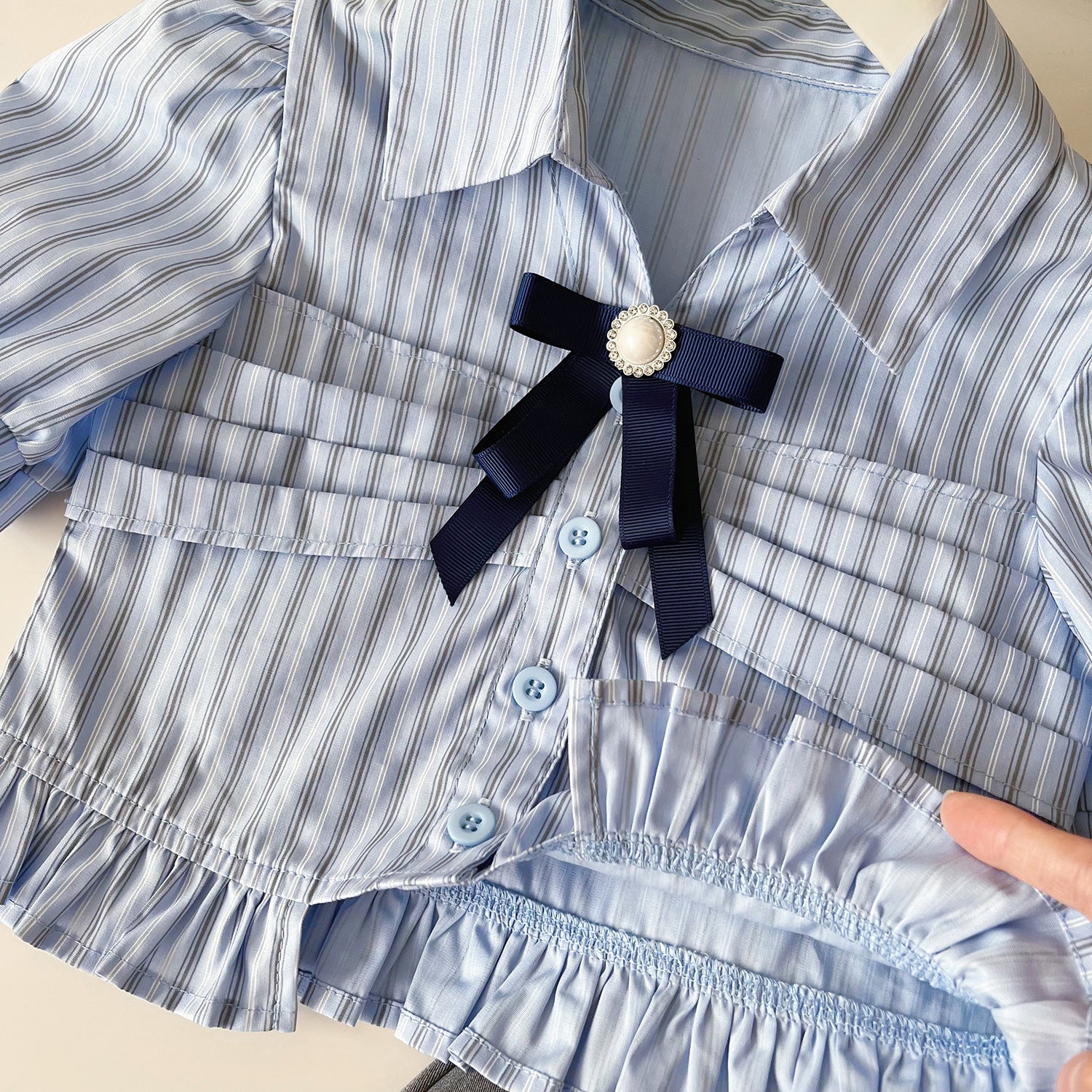 [963290] - One Set 2in1 Baju Setelan Kemeja Lengan Kutung Bawahan Celana Rok Pendek Formal Korean Stye Formal Korean Style - Motif Pearl Bow - BABYHOKI STORE