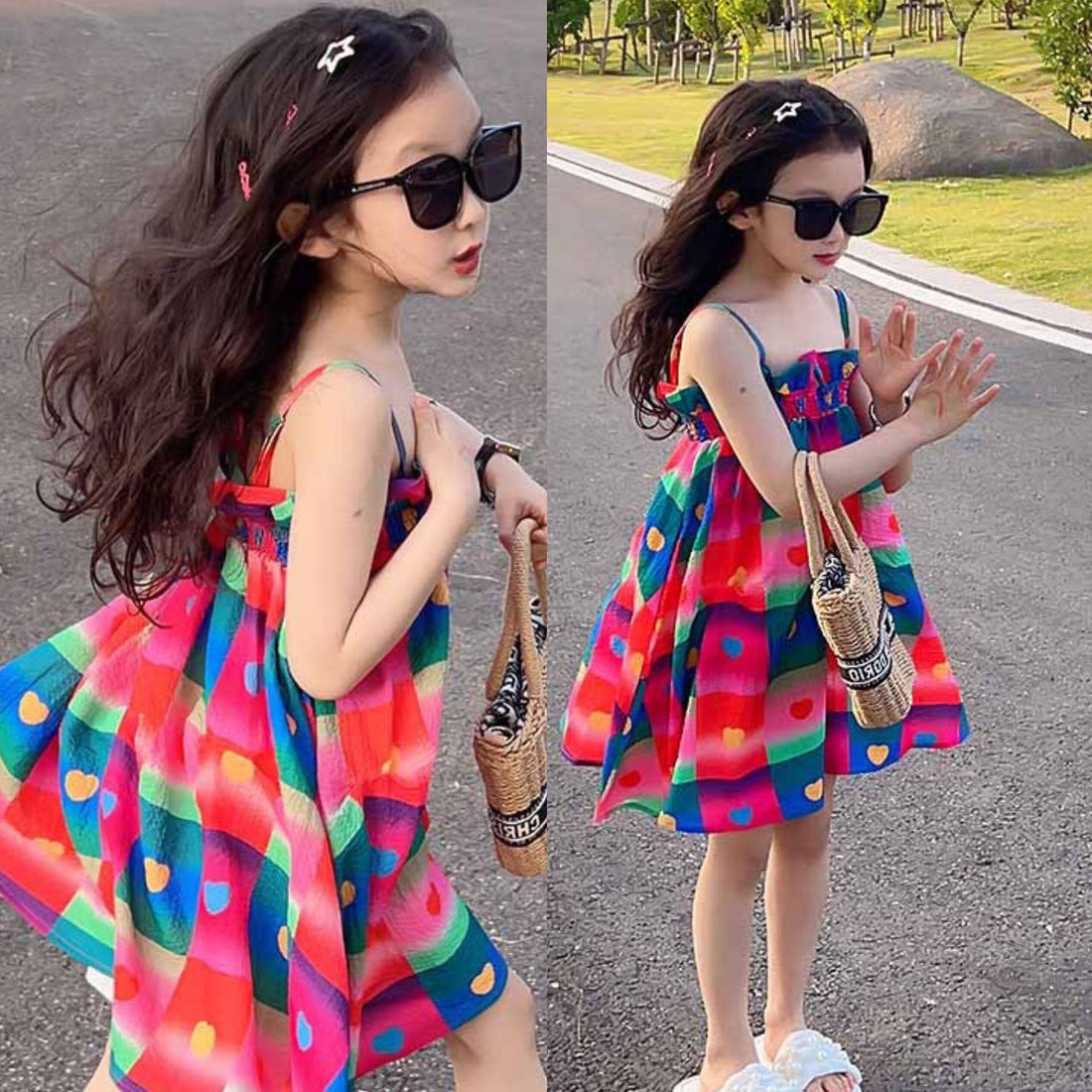 [5071043] - Baju Dress Tanpa Lengan Fashion Anak Perempuan - Motif Square Love