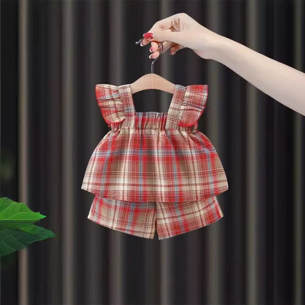 [340437] - Setelan Baju Kutung Celana Pendek Fashion Anak Perempuan - Motif Flower Plaid