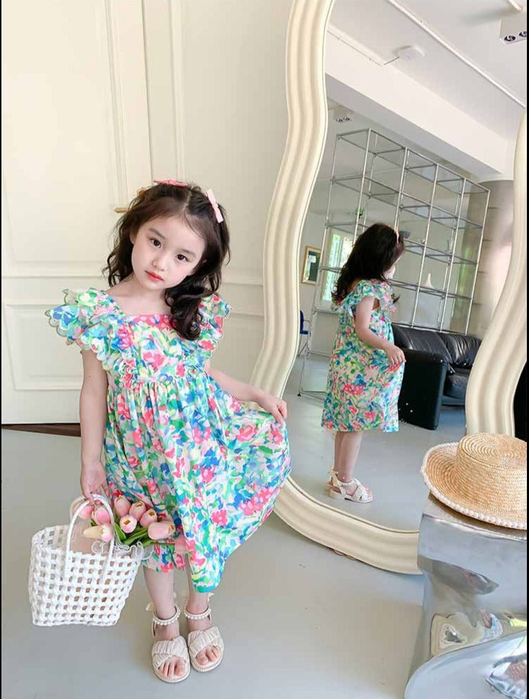 [507988] - Baju Dress Lengan Kutung Anak Perempuan Fashion - Motif Colorful Flower