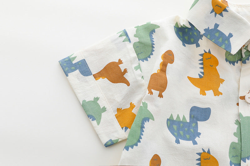 [368592] - One Set 2in1 Baju Setelan Atasan Kemeja Lengan Pendek Bawahan Celana Pendek Comfortable Fashion Anak Laki Laki Cowok - Motif Animals Dino - BABYHOKI STORE