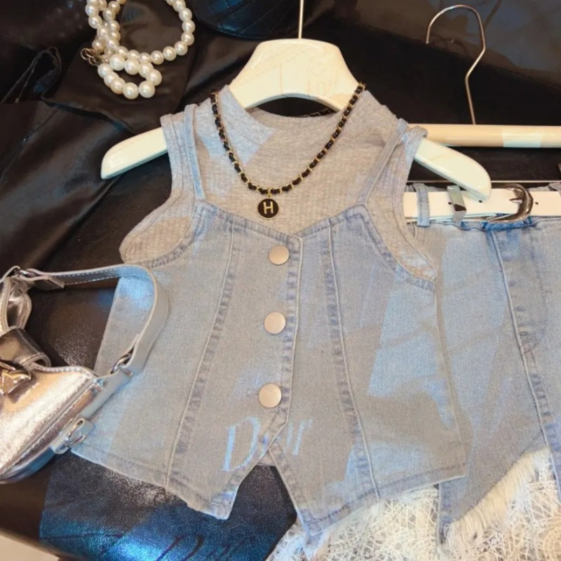 [963104] - One Set 3in1 Baju Setelan Atasan Kaos Lengan Kutung Vest Kutung Denim Bawahan Rok Panjang Fashion Korean Style Anak Perempuan Cewek - Motif Bottom Lace - BABYHOKI STORE