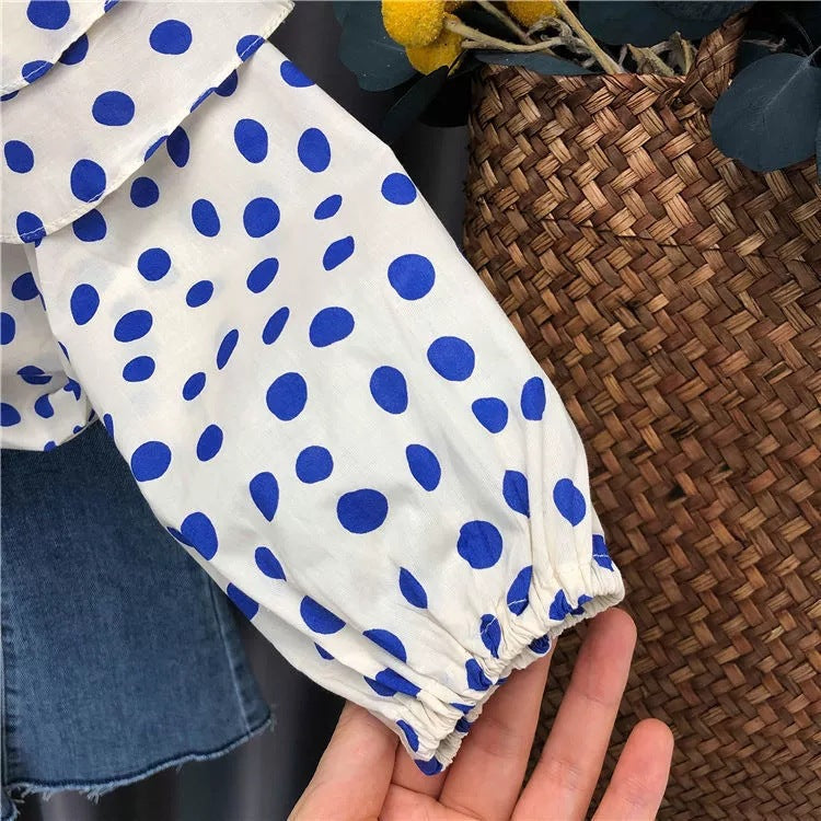 [363787] - Oneset Mewah Setelan Baju Blouse Lengan Panjang Celana Jeans Panjang Fashion Anak Perempuan Cewek - Motif Polka Denim
